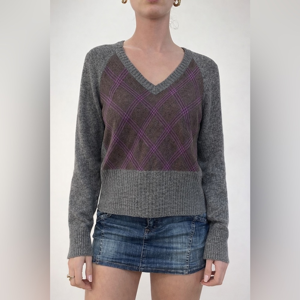 Philosophy di Alberta Ferretti Sweater V-Neck Argyle Wool Sweater Gray Purple